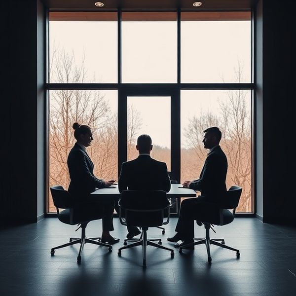 Trei profesioniști într-o sală de conferință minimalistă